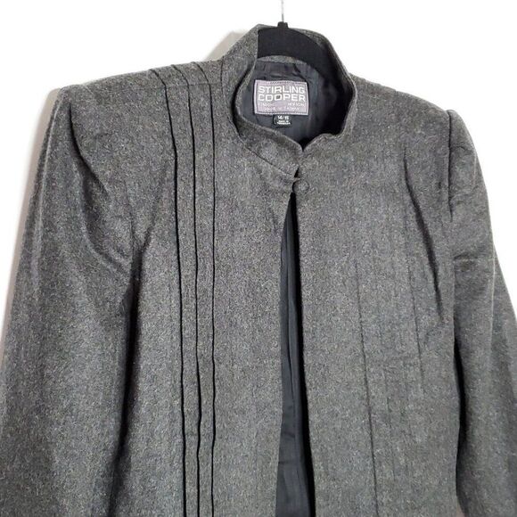 Wool Open Blazer Jacket L Mandarin Collar Front Tuxedo Pleats Puff Sleeves Gray - Picture 2 of 7
